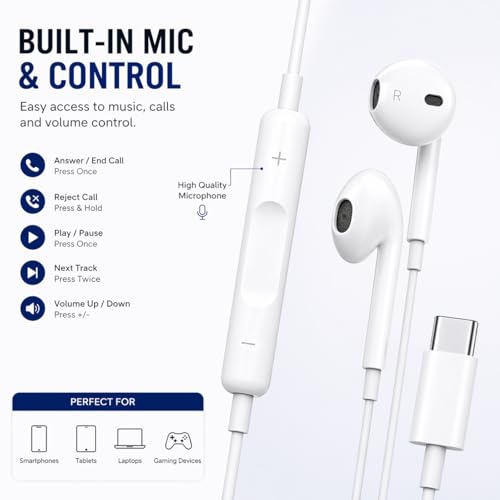 Image of Wired Earphones with Inline Microphone and Volume Control, Compatible with Type-C Devices, White