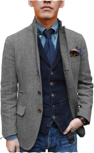 Men's Herringbone Jacket Single Breasted Tweed Blazer Suit Casual Fit Sport Coat