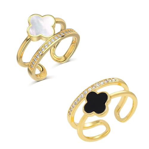 LAKEMON Gold Four Leaf Clover Ring for Women, Dainty Statement Adjustable Open Cubic Zirconia Ring,Jewelry for Women (2pcs)