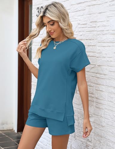 Image of LOMON Womens Fashion 2 Piece Outfits Sweatsuits 2026 Summer Short Sleeve Loungewear Tracksuit Round Neck Lounge Shorts Sets