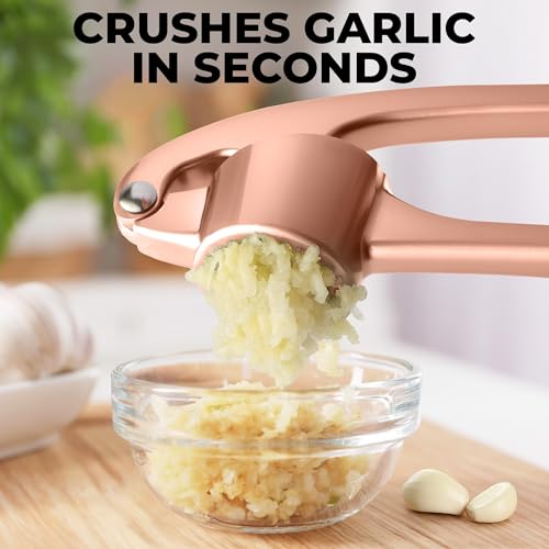 Image of Zulay Kitchen Large Premium Garlic Press Set - Bigger Bowl for Bigger Garlic - Rust Proof Garlic Mincer Tool - Easy-Squeeze, Easy-Clean Silicone Garlic Peeler & Brush (Rose Gold)