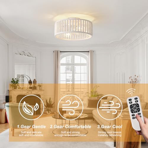 Image of Beaded Ceiling Fans with Lights and Remote, 19 inches Off-White | Bulbs Included, Tropical Caged Fandelier, Flush Mount, Lighting Fixture, Nursery, Kid Room, Auto-off, Quiet, Reversible Motor