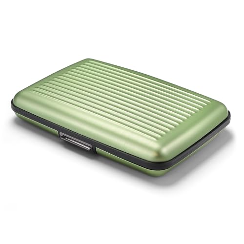 Image of OGON -DESIGNS- Aluminum card holder, RFID protection against fraud and demagnetization, compact wallet, Smart Case STOCKHOLM model (Aluminum Matcha, Extra-secure lock)