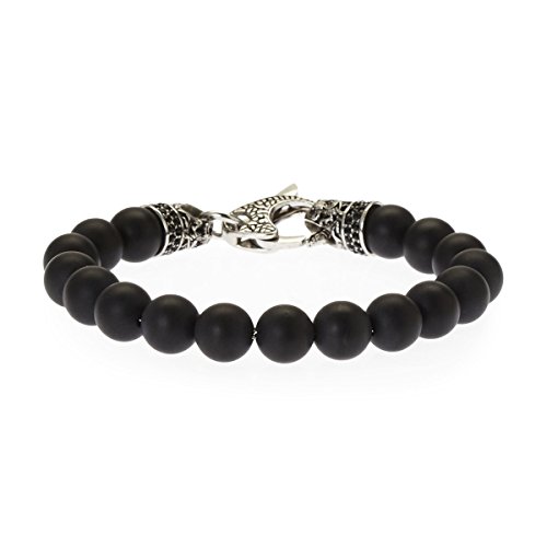Blackjack Jewelry Men's Genuine Onyx Stainless Steel Bead Bracelet with Black CZ and Skull Lobster Clasp
