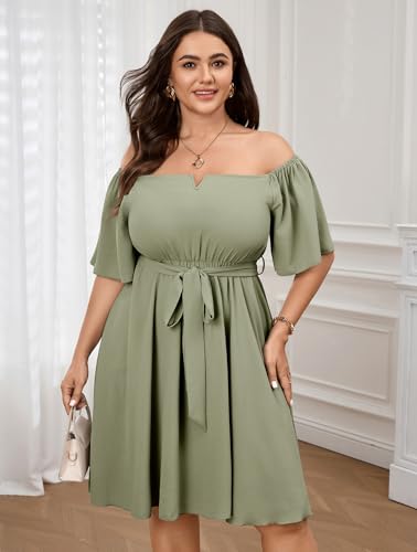 Image of SCOMCHIC Womens Plus Size Cocktail Dress Summer Off Shoulder Short Sleeve Flowy Ruffle A-Line Cute Mini Dress with Belt