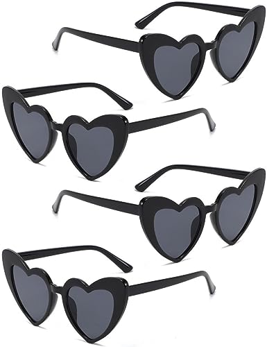 4 Pack Valentines Heart Shaped Sunglasses - Trendy Cat Eye Love Glasses, Vintage Retro Sunglasses for Women