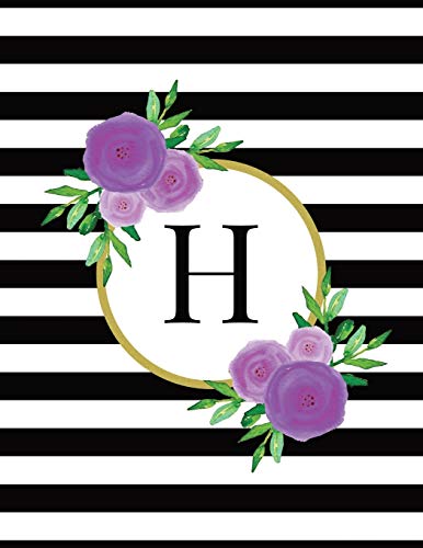 Black and White Striped Purple Floral Monogram Journal with Letter H