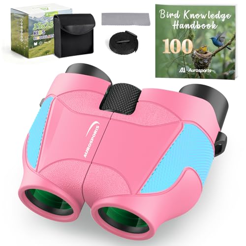Aurosports 15x25 Compact Binoculars for Kids - Small Binoculars Lightweight with Carrying Case Birding Guide for Bird Watching Hiking Camping Travel Hunting for 8-12 Years Boys Girls (Pink)