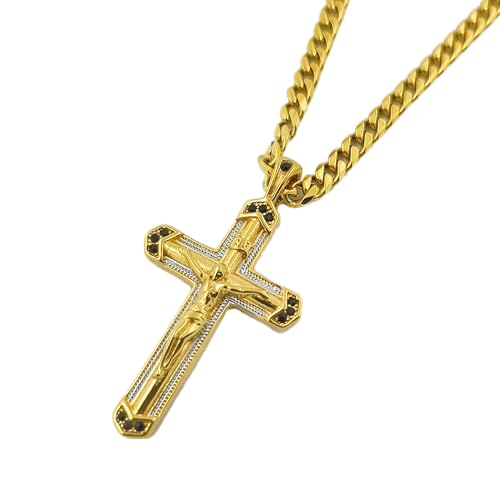 Generic Men's Crucifix Cross Pendant with 18K Gold Cuban Chain Jesus Necklace in 24 Inches, Gold/Silver Two tones