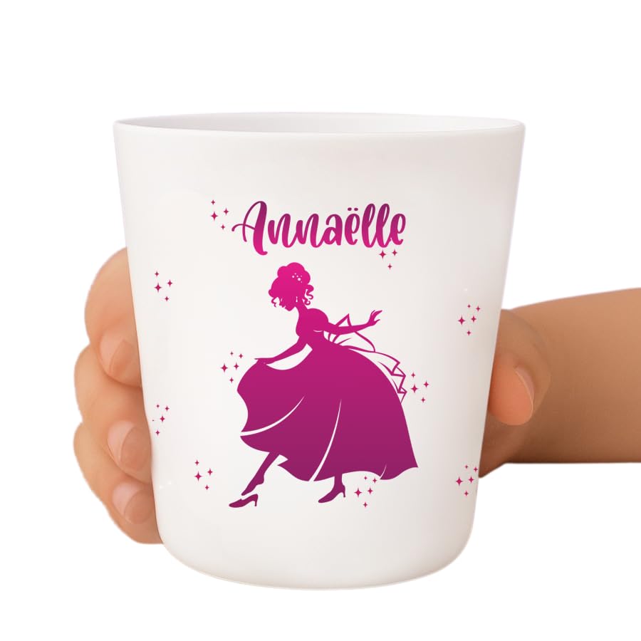 Tendance Cadeau Gobelet enfant personnalisé – Incassable et sans BPA – Prénom + illustration – Résistant aux chocs – Crèche, école, maison – 236 ml (Cendrillon)