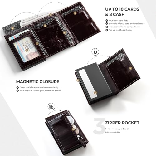 Image of VULKIT Card Holder Wallet with Coin Pocket Magnetic Closure Pop Up Cards With ID Window Leather Wallet for Cash & Credit Cards, Classic Oil-Waxed Style - Reddish Brown, 4 inches (D) x 1 inch (W) x 2.7