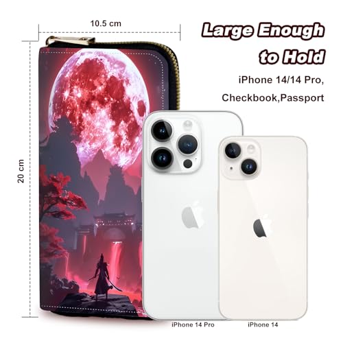 Wristlet Wallet for Women Teen Girls Womens Wallet RFID Blocking Credit Card Holder with Removable Wristlet,Leather Phone Wallet Clutch Large Capacity Ladies Travel Purs,Red Moon and Tree3