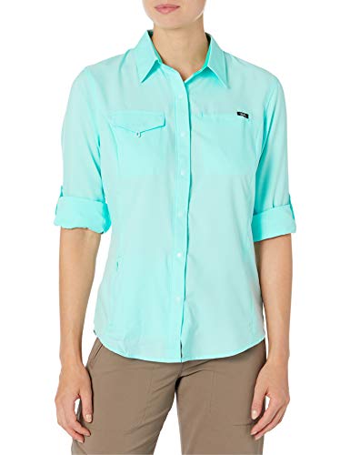 Huk Womens Salty Long Sleeve Fishing Shirt | Ladies Button Down Performance Shirt With +30 UPF Sun Protection, Seafoam, Medium