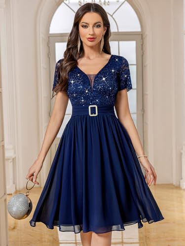 Miusol Women's V-Neck Sparkling Sequin Short Sleeves Empire Waist Cocktail Prom Dress3