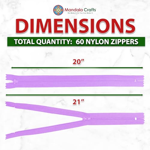 Image of Mandala Crafts 60 PCs Lilac Closed-End 20 Inches Nylon Zippers for Sewing