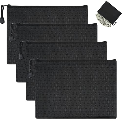 Geldtasche, 4 Stück Geldtaschen Banktasche, 24 x 18 cm Geldmappe A5, Wasserdichte Bankmappe mit Reißverschluss, Dokumententasche Schwarz für Haushalt, Business, Schule