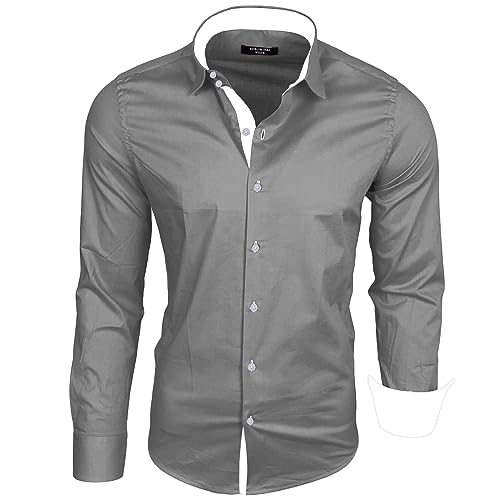 Subliminal Mode - Chemise Homme Coupe Ajuster Col et Manche Bicolore avec Un Repassage Facile Manches Longues Casual S500 Couleur Gris Taille L