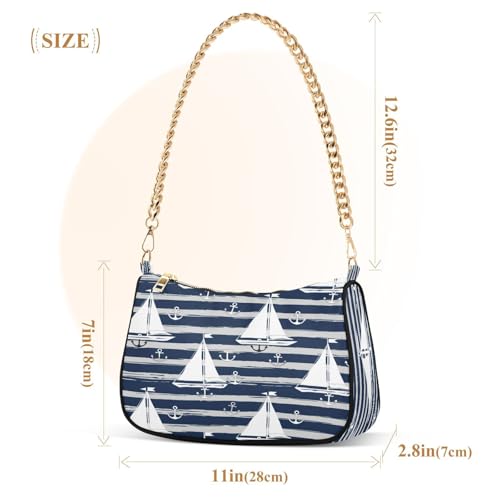 Shoulder Bag for Women Sailboats Navy Stripes Tote Handbag Crossbody Bag with Zipper Closure3