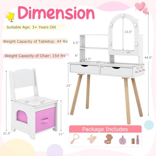 Image of Costzon Kids Vanity with Lights, Girls Vanity Set with Mirror Cabinet, Storage Drawers, Hooks & Shelves, Toddler Makeup Vanity Desk Dressing Table, Wooden Kids Vanity Table and Chair Set (White)