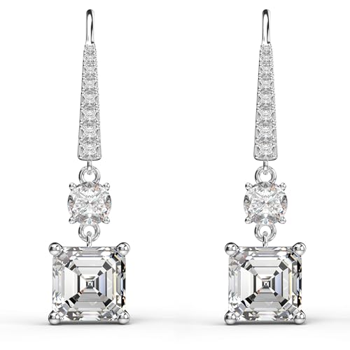18K White Gold Plated Sterling Silver Square Asscher Cut Cubic Zirconia Dangle Earrings for Women Square CZ Diamond Drop Dangling Earrings for Women Mom2
