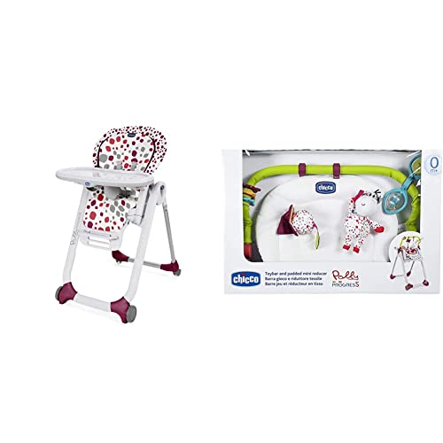 Chicco Polly Progres5   Trona evolutiva, de hamaca a elevador, 4 ruedas, de 0 a 3 años, rojo & Kit 0+; Set compuesto por Game Bar y Reductor Textil, apto para tronas Polly Progres5 y Polly2Start