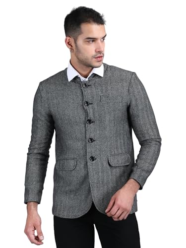 Image of AOL Men's Winter Tweed Woollen Jacket /Coat| Herringbone Pattern|Fully Lined with Inner Pocket| Mandarin Collar| Bandhgala /Jodhpuri /Nehru for Festive, Casual & Formal wear