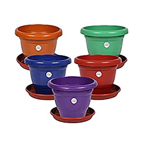 Kriti Kalash Plastic Flower Pots with Bottom Trays (5 Pcs, 8 Inch