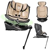Lorelli Auto Kindersitz Estate mit Isofix Basis und Stützbein, 360 Grad drehbar, 0-36kg Mitwachsender Autositz i-Size 40-150cm, Babysitz ab Geburt, 5-Punkt-Gurt, Einstellbare Kopfstütze, beige