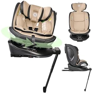 Lorelli Auto Kindersitz Estate mit Isofix Basis und Stützbein, 360 Grad drehbar, 0-36kg Mitwachsender Autositz i-Size 40-150cm, Babysitz ab Geburt, 5-Punkt-Gurt, Einstellbare Kopfstütze, beige