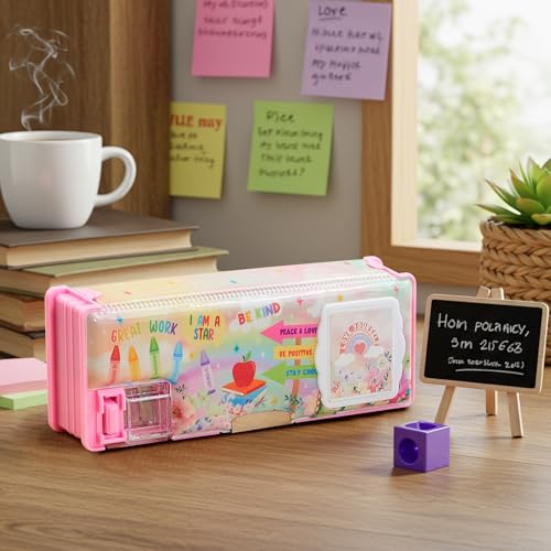 Image of Henoyso Multifunctional Pencil Box for Girls, Pink Inspirational Pencil Case with Calculator and Sharpener, 2026 Back to School Supplies Organizer for Kids Teens Students, Elementary Gift