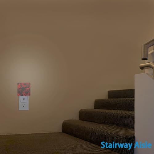Image of Rose Night Lights Plug into Wall Abstract Red Rose and Black Leaves Night Lights Dusk to Dawn Sensor Led Lamp for Women Men,Led Lights for Stairway /Hallway /Bedroom,0.5W
