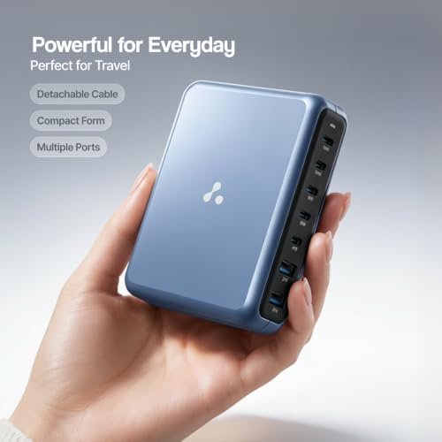 Image of Ambrane 140W GaN Charger Hub, Charge 7 Devices, 100W Macbook /Type C Laptop Charging, 5 Type-C PD Technology, 2 USB-A Ports, Long Cable, Fast Charging-Mobile, Laptop, All Devices (Charge Hub 140, Blue)