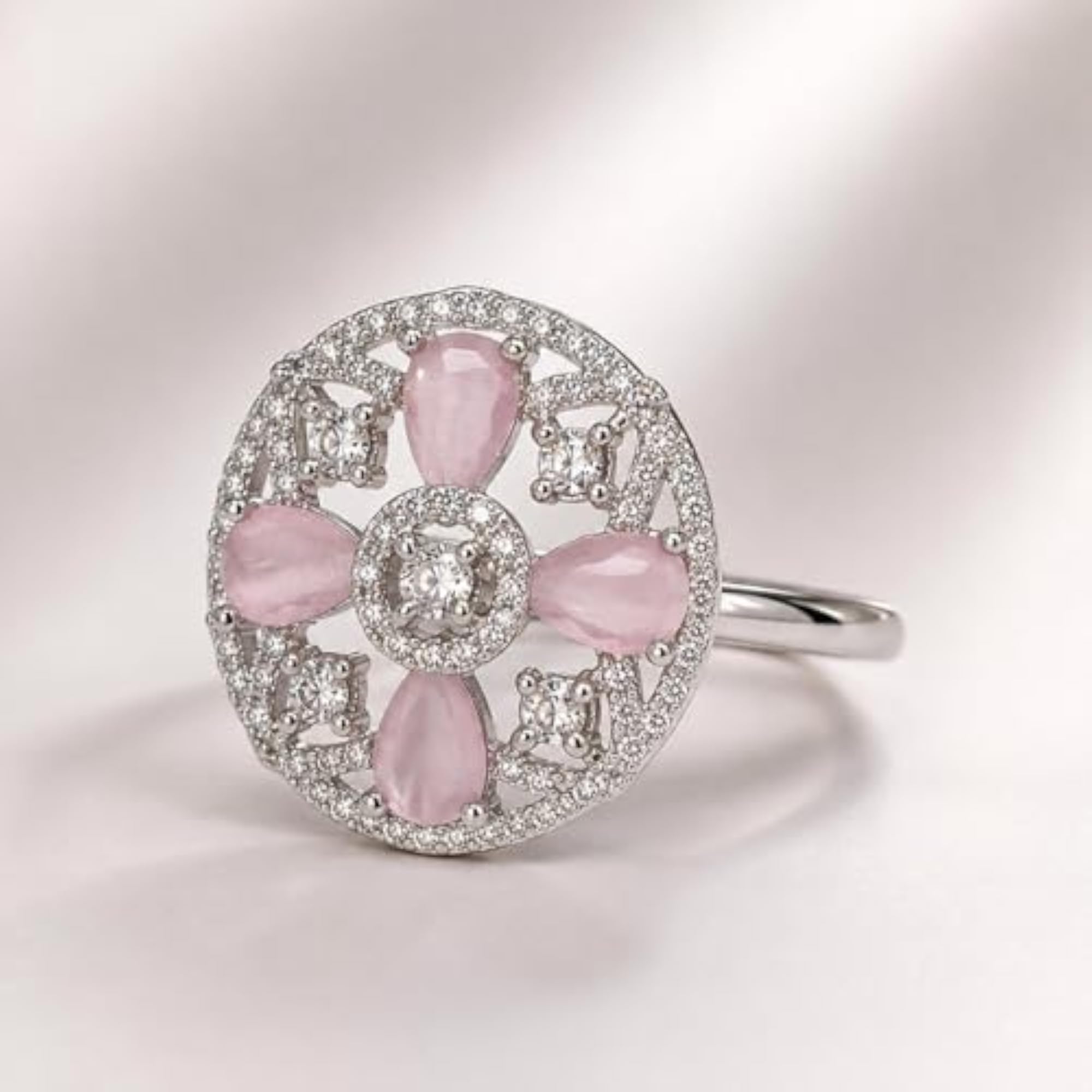 Women's Floral Rose Quartz Adjustable Ring, Elegant Design