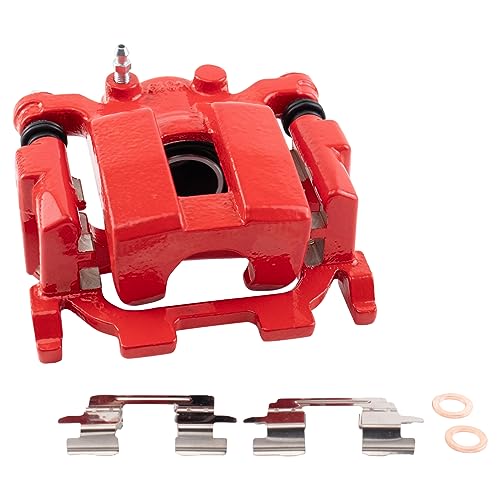Image of TRQ Rear Brake Caliper Set Painted Red Brackets Compatible with 2011-2022 Infiniti G25 G37 M35h M37 M56 Q40 Q50 Q60 Q70 Q70L QX60 JX35 2009-2023 Nissan 370Z Murano Pathfinder Quest