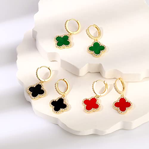 Gold Dangle Earrings, 14K Gold Plated Small Huggie Hoop Earrings with Clover Charms, Dainty Drop Dangle Earrings for Women 5