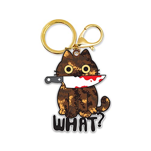 Donawings Funny Tortoiseshell Cat Keychain – Cute Creepy Cat Lover Gift, Metal Key Ring for Women Men, Novelty Bag Charm, Halloween Scary Cat Accessory, Stocking Stuffer