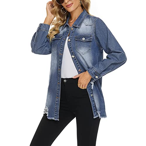 Women Denim Shirt Jacket Long Sleeve Shacket Coat Distressed Washed Ripped Frayed Hem Jean Jacket4