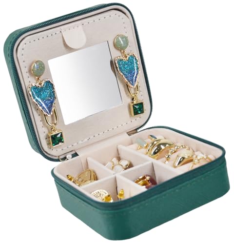 Image of Travel Jewelry Case Box Organizer with Mirror, Jewelry Storage,Green,1 Pcs
