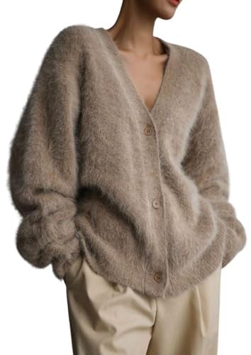 Women's Fuzzy Knit Cardigan Button Down Long Sleeve V Neck Furry Sweater Coat Slouchy Loose Cardigans Outwear