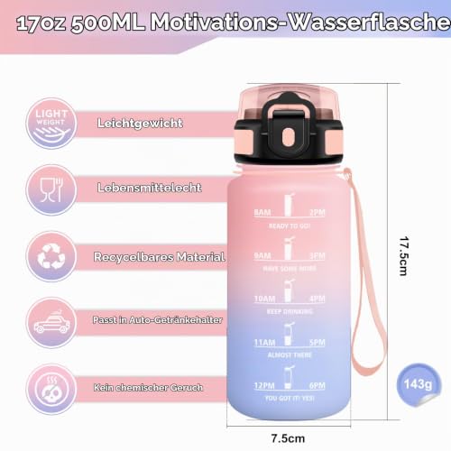KollyKolla Sportflasche 500ml, Trinkflasche Kohlensäure Geeignet, Auslaufsicher, Trinkflasche mit Zeitmarkierung & Strohhalm… – Ansicht 5