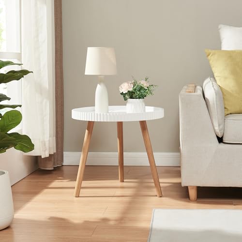 [en.casa] Table d'Appoint Design Intemporel Bout de Canapé avec Plateau Rond 3 Pieds Robustes Guéridon Table de Chevet MDF Bambou 50 x 45 cm Blanc Naturel