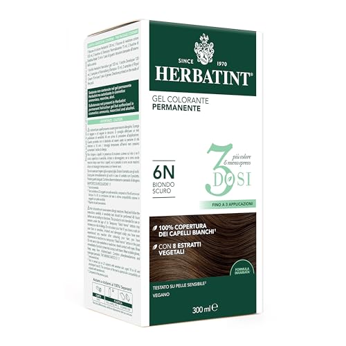 Herbatint Gel Colorant Permanent 3Doses, 300 ml - 6 N Blond Foncé, Sans Ammoniaque, pour peaux sensibles, 100% Couverture Cheveux Blancs avec 8 Extraits...