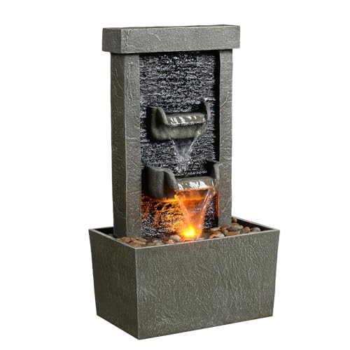 MSEONWXI Resin Water Fountain Outdoor with LED Lights, Modern Tiered Fountain for Garden Patio Backyard, Waterfall Decor, 23.6