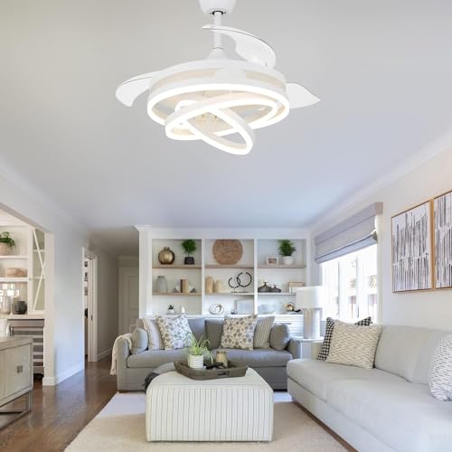 Image of oltao Enigma Modern 42-Inch Dimmable Chandelier Ceiling Fan - White | with Copper BLDC Motor & Retractable Blades | Summer-Winter Mode LED Light Fan with Remote & App Control - for Living Room
