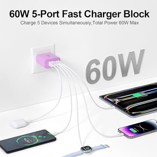 Image of USB C Charger Block, 60W 5-Port Type C Charger Fast Charging Blocks | USBC Multiple Port Wall Charger Plug for iPhone 17 /16 /15 /14 /13 /12 /11 Pro Max, Samsung Galaxy, Android Phone, iPad, Purple