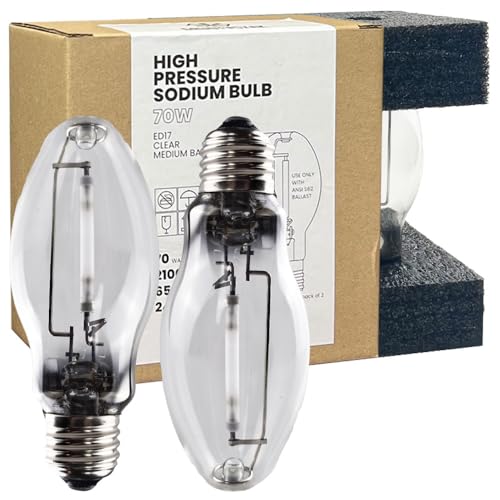 GRUOTVSZAK LU70/MED High Pressure Sodium Light Bulb, 70 Watts, ED17/MED, Medium Base (E26), ANSI Code S62, 6500 Lumen, 24000 Life Hours, Clear Bulb, 2100K, 2 Pack