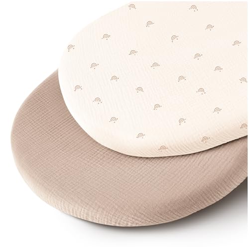Image of MairMore Muslin Bassinet Sheets for Babies – Soft & Breathable 100% Cotton Fitted Sheets for Oval, Rectangle, Hourglass Bassinet Mattress Pads, 2-Pack (Ivory & Pink)