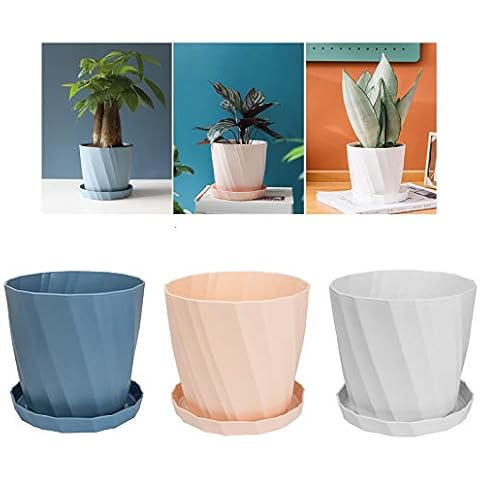 Faluckyy Plastic Flowerpot,3 Set of Flowerpots and Saucers Indoor Plant Pot with Drain Holes (Pink, Blue, White) (TYPE-1) Cover