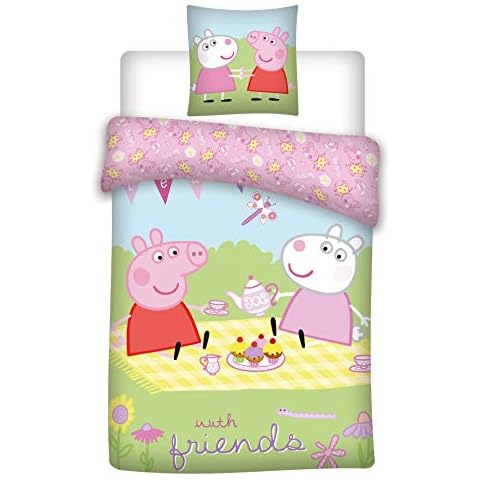 Peppa Pig 035 Bettwäsche für Kinder/Bettwäsche Baby Peppa Pig mit Freunden, Kissenbezug 40 x 60 cm + Bettwäsche 100 x 135 cm, 100% Baumwolle, Öko-Tex Cover