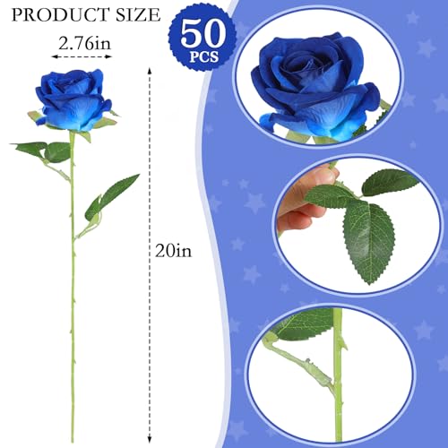 Hananona 50 Artificial Roses in Bulk, Fake Silk Roses Realistic Blue Roses for Wedding Centerpieces Flower Arrangement Home Decor (50, Blue)